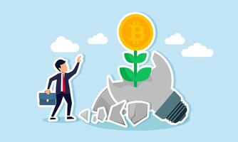 A businessman feels pleased with bitcoin plants growing from a broken lamp, illustration of results from bitcoin investment strategies based on old, unused ideas and innovations vector