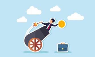 A businessman holding bitcoin inside a cannon, intending to launch it, illustration of efforts to boost bitcoin valuation vector