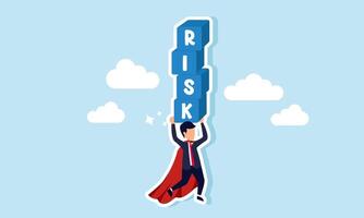A super businessman flies above the sky while lifting a block labeled RISK, illustrating a successful businessman choosing to take higher risks for greater revenue vector