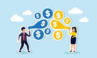 A businessman and businesswoman are blowing up colorful dollar balloons, illustration of competition in increasing investment assets with their own methods and strategies vector