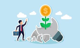 A businessman feels delighted with dollar coin plants growing from a broken lamp, illustration of results from investment strategies based on old, unused ideas and innovations vector