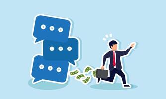 A businessman running with a suitcase full of money, trying to escape a falling pile of chat dialogues, illustration of protecting assets or wealth from losses due to negative accusations vector