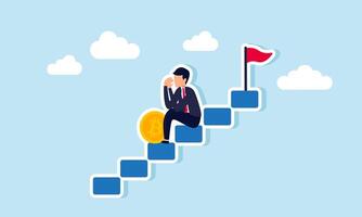 A sad businessman sits on the stairs next to a Bitcoin, illustration of failure in implementing a Bitcoin investment strategy vector