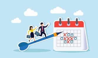 A businessman and businesswoman climb an arrow pointing at a schedule calendar, illustration of competition in completing business projects on the set timeline vector