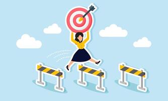 A businesswoman is jumping over a barrier while carrying a target board, illustration of focus in achieving business targets and overcoming challenges vector