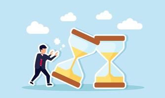 A businessman pushing a row of hourglasses, causing them to fall onto others, illustration of poor time management leading to overlapping project completion times vector