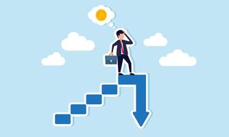 A businessman stands at the end of a staircase with a downward arrow, confused with a bitcoin, illustration of analyzing bitcoin investment performance with declining valuation vector