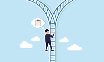 A businessman climbs a branching staircase while contemplating a job description board, illustration of analysis in executing business according to the job description vector