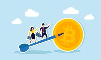 A businessman and businesswoman climb an arrow pointing at bitcoin, illustration of competition in accumulating bitcoin assets vector