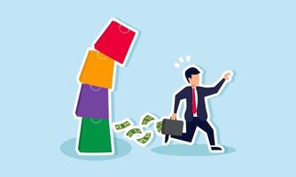 A businessman running with a suitcase full of money, trying to avoid a falling pile of shopping bags, illustration of protecting wealth from unnecessary shopping needs vector