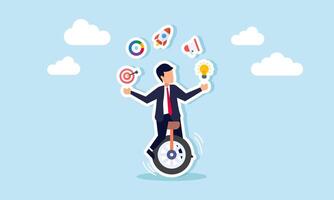 A businessman rides a unicycle while juggling items about marketing management, illustration of stability in applying effective and efficient marketing and promotion management vector