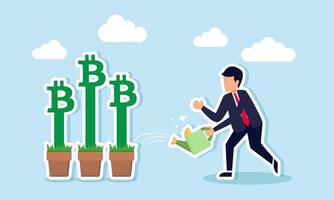 A businessman watering several Bitcoin plants, illustration of maintaining owned Bitcoin assets vector