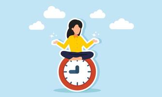 A businesswoman meditates on a clock, illustration of calmness in completing business projects on time vector