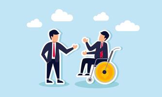 A businessman talks to another businessman in a wheelchair next to a dollar coin, illustration of sharing with others or mentors to find solutions for effective business investment methods vector