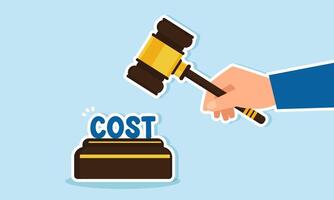 A hand holding a gavel aiming to strike the word COST, illustration of the decision on the amount of COST imposed on entrepreneurs vector