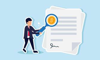 A businessman examines a contract agreement with a magnifying glass labeled with a dollar coin, illustrating the study of the revenue section in a business contract vector