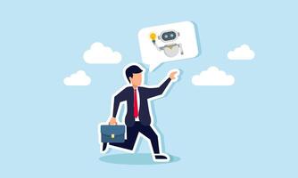 A businessman runs while discussing AI robots, illustration of catching up on business development through the use of AI vector