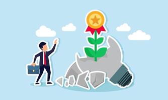 A businessman is pleased with the growth of award medals sprouting from a broken lamp, illustration of Achievement from strategies based on old, unused ideas and innovations vector