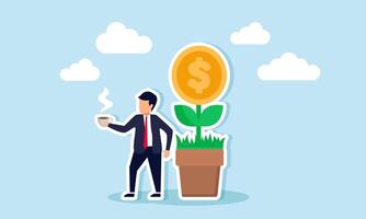 A businessman stands next to a dollar coin plant with his warm coffee, illustration of enjoying the results of growing and developing business investments vector
