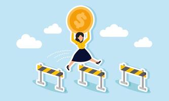 A businesswoman is jumping over a barrier while carrying a dollar coin, illustration of saving business assets from various challenges vector