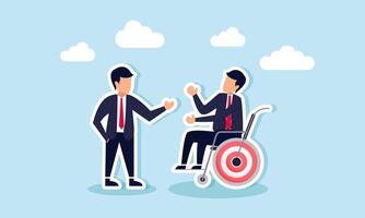 A businessman talks to another businessman in a wheelchair next to a target board, illustration of sharing with others or mentors to find solutions for achieving business goals vector