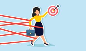 A businesswoman holding a target board is tangled and trapped in ropes, illustration of mistakes in executing business targets vector
