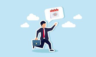 A businessman runs while discussing a schedule calendar, illustration of catching up on business projects according to the timeline schedule vector