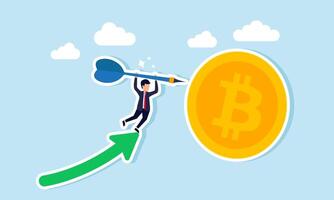 A businessman jumps from an upward arrow holding a dart, aiming to pin it on a bitcoin, illustration of targeting bitcoin assets with a specific valuation vector