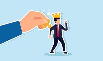 A hand is turning a key on the back of a businessman wearing a crown, illustrating the owner's policies executed and led directly by the director vector