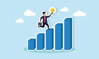 A businessman runs up a graph carrying a lit lamp, illustration of business performance progress driven by innovative ideas vector