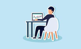 a businessman at a desk analyzing stock charts on a laptop, illustration of analyzing stock investment valuation movements vector