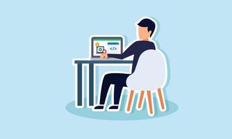 A businessman at a desk working on programming through a laptop, illustration of designing an application to support effective and efficient business vector