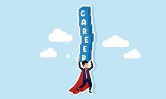 A super businessman flies above the sky while lifting a block labeled CAREER, illustrating a high-performing employee building and maintaining a strong, upward career path vector