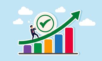 A businessman pushes a checklist up a trending graph, illustrating rising business performance vector