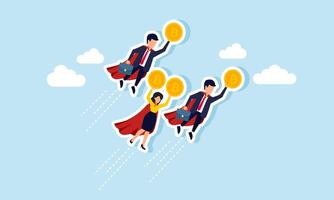 A group of super businessmen is flying in the sky carrying bitcoins, illustrating the results of collaboration in analyzing and monitoring bitcoin valuation movements vector