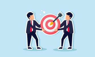 Two businessmen are collaborating to carry a target board, illustrating teamwork and collaboration between companies in a joint business project agreement vector