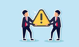 Two businessmen are collaborating to carry a triangle sign labeled with an exclamation mark meaning caution, illustrating teamwork in reminding each other for successful business collaboration vector