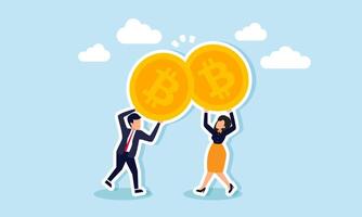 A businessman and businesswoman are clinking their bitcoins like a toast, illustrating a celebration of successful bitcoin investment strategies vector