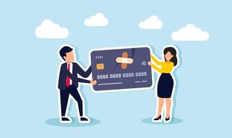 A businessman and businesswoman are repairing cracked credit cards with bandage tape, illustrating financial improvement in paying off credit card bills vector