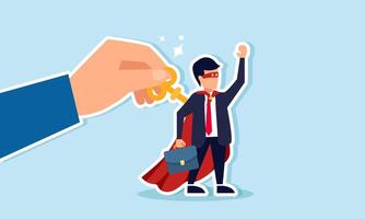 A hand is turning a key on the back of a businessman acting as a super businessman, illustrating a company leader creating dedicated and disciplined employees vector