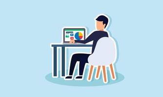 A businessman at a desk analyzes multimedia strategy performance through a laptop, illustration of monitoring and evaluating the effectiveness of social media and multimedia vector