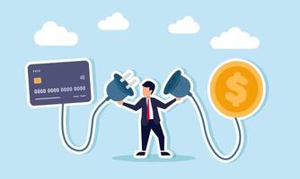A businessman is holding a power plug with each end connected to a credit card and a dollar coin, illustrating the payment of credit card bills vector