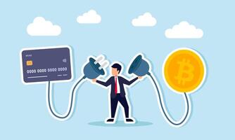 A businessman is holding a power plug with each end connected to a debit card and a bitcoin, illustrating the liquidation of profits from bitcoin sales vector