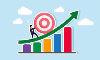 A businessman pushes a target board up a trending graph, illustrating business performance rising alongside increasing business targets vector