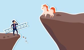 A businessman tries to rescue a unicorn across a ravine using a ladder, illustrating the effort to save a unicorn business at risk of bankruptcy vector
