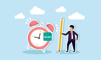 A businessman with a pencil is standing next to an alarm clock labeled PROJECT, illustrating a reminder for the project completion deadline vector