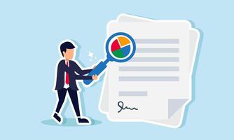 A businessman examines a contract with a magnifying glass labeled with a pie chart, illustrating the review of profit-sharing or workload percentage in a business agreement vector