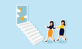 A businesswoman invites her partner to enter a door with a key, illustrating a discussion with partners to find and obtain solutions to business problems vector