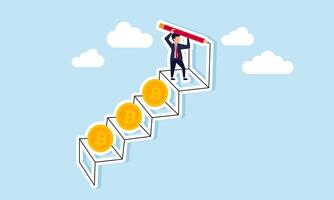 A businessman is drawing a ladder with a pencil, where the ladder has bitcoin on it, illustrating a step-by-step approach to accumulating bitcoin assets vector