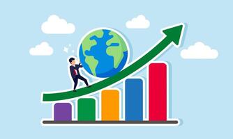 A businessman pushes a globe up a trending graph, illustrating business performance rising by following global business trends vector